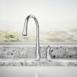 Pull-down kitchen sink faucet with three-function sprayhead