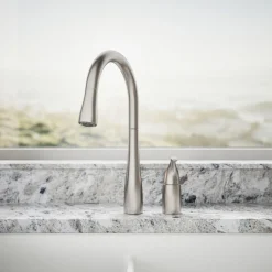 Pull-down kitchen sink faucet with three-function sprayhead