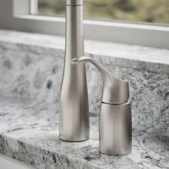 Pull-down kitchen sink faucet with three-function sprayhead
