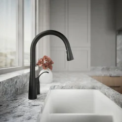 Pull-down kitchen sink faucet with three-function sprayhead