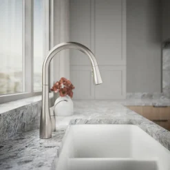 Pull-down kitchen sink faucet with three-function sprayhead