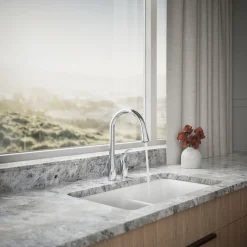 Pull-down kitchen sink faucet with three-function sprayhead
