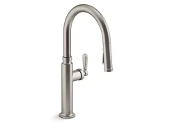 Pull-down kitchen sink faucet with three-function sprayhead