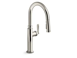 Pull-down kitchen sink faucet with three-function sprayhead