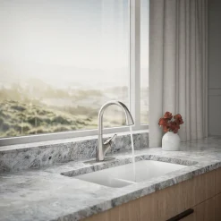 Pull-down kitchen sink faucet with two-function sprayhead