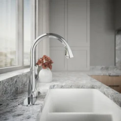 Pull-down kitchen sink faucet with two-function sprayhead