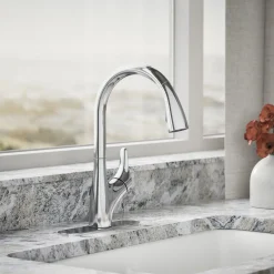 Pull-down kitchen sink faucet with two-function sprayhead