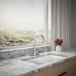 Pull-down kitchen sink faucet with two-function sprayhead