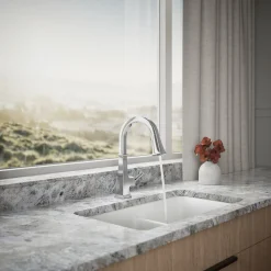 Pull-down kitchen sink faucet with three-function sprayhead