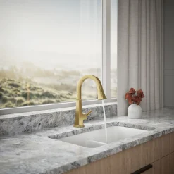 Pull-down kitchen sink faucet with three-function sprayhead