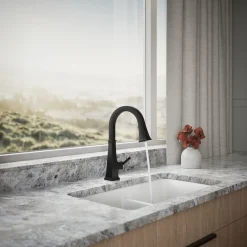 Pull-down kitchen sink faucet with three-function sprayhead