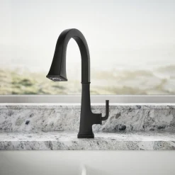 Pull-down kitchen sink faucet with three-function sprayhead