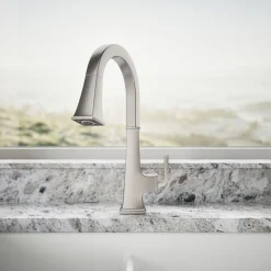Pull-down kitchen sink faucet with three-function sprayhead