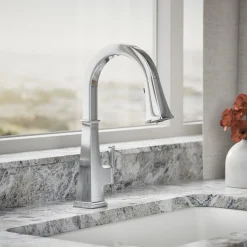 Pull-down kitchen sink faucet with three-function sprayhead