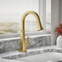 Pull-down kitchen sink faucet with three-function sprayhead