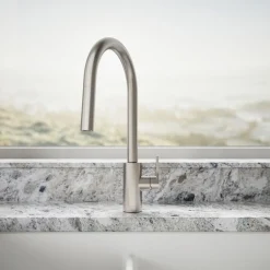 Pull-down kitchen sink faucet with two-function sprayhead