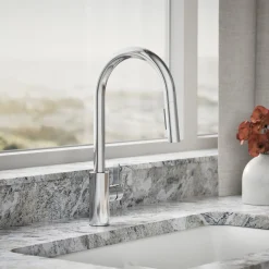 Pull-down kitchen sink faucet with two-function sprayhead