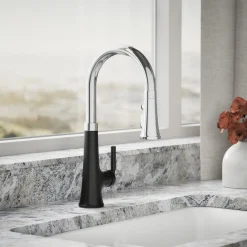 Pull-down kitchen sink faucet with three-function sprayhead