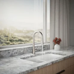 Pull-down kitchen sink faucet with three-function sprayhead