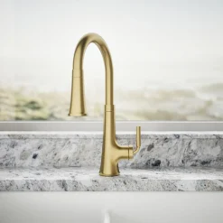 Pull-down kitchen sink faucet with three-function sprayhead