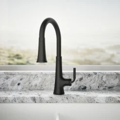 Pull-down kitchen sink faucet with three-function sprayhead