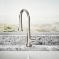 Pull-down kitchen sink faucet with three-function sprayhead