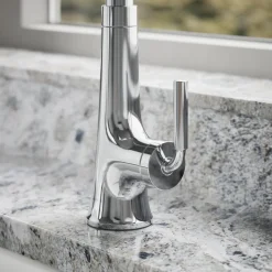 Pull-down kitchen sink faucet with three-function sprayhead