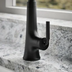 Pull-down kitchen sink faucet with three-function sprayhead