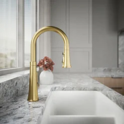 Pull-down kitchen sink faucet with three-function sprayhead