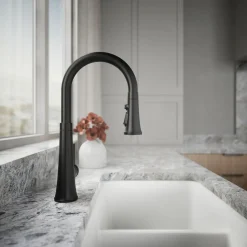 Pull-down kitchen sink faucet with three-function sprayhead