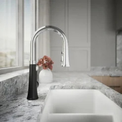 Pull-down kitchen sink faucet with three-function sprayhead