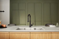 Pull-down kitchen sink faucet with three-function sprayhead