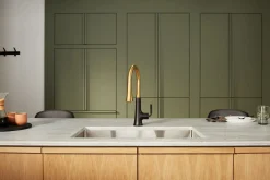 Pull-down kitchen sink faucet with three-function sprayhead