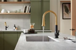 Pull-down kitchen sink faucet with three-function sprayhead