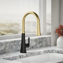 Pull-down kitchen sink faucet with three-function sprayhead