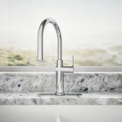 Pull-down kitchen sink faucet with three-function sprayhead