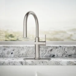 Pull-down kitchen sink faucet with three-function sprayhead