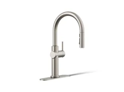 Pull-down kitchen sink faucet with three-function sprayhead