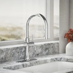 Pull-down kitchen sink faucet with three-function sprayhead