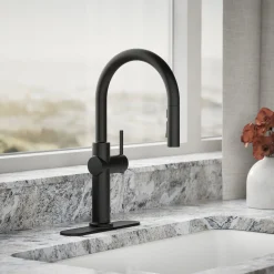 Pull-down kitchen sink faucet with three-function sprayhead