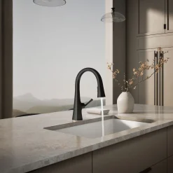 Pull-down kitchen sink faucet with three-function sprayhead