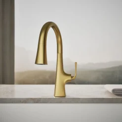 Pull-down kitchen sink faucet with three-function sprayhead
