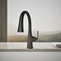 Pull-down kitchen sink faucet with three-function sprayhead