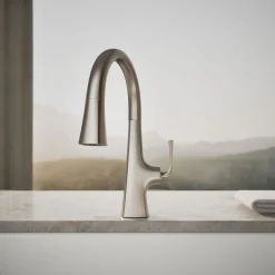 Pull-down kitchen sink faucet with three-function sprayhead