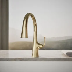 Pull-down kitchen sink faucet with three-function sprayhead