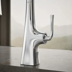 Pull-down kitchen sink faucet with three-function sprayhead