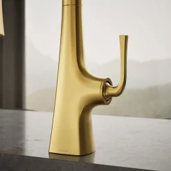 Pull-down kitchen sink faucet with three-function sprayhead