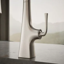 Pull-down kitchen sink faucet with three-function sprayhead