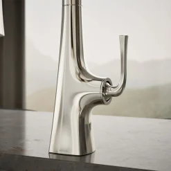 Pull-down kitchen sink faucet with three-function sprayhead