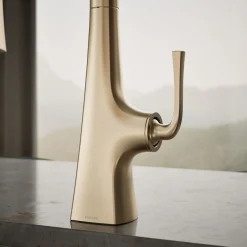 Pull-down kitchen sink faucet with three-function sprayhead